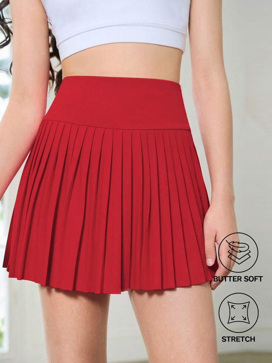 SHEIN Tween Girls Red Leggings With Built-In Modesty Casual Athletic Shorts, Elastic Knit Bike Shorts For Running Moisture-Wicking Sweat Absorbing Summer - Red - View 1