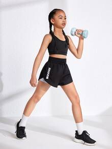 SHEIN Tween Girl Athletic Yoga Running Training Print Mark Black Shorts, Autumn Winter, Fall, Back To School, Cycling, Gym, Moisture Wicking, Breathable - Black - View 3