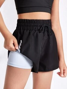 SHEIN Tween Girl Athletic Yoga Running Training Print Mark Black Shorts, Autumn Winter, Fall, Back To School, Cycling, Gym, Moisture Wicking, Breathable - Black - View 5