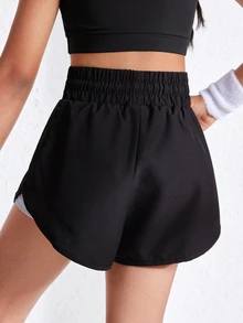 SHEIN Tween Girl Athletic Yoga Running Training Print Mark Black Shorts, Autumn Winter, Fall, Back To School, Cycling, Gym, Moisture Wicking, Breathable - Black - View 2