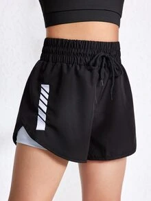SHEIN Tween Girl Athletic Yoga Running Training Print Mark Black Shorts, Autumn Winter, Fall, Back To School, Cycling, Gym, Moisture Wicking, Breathable - Black - View 6