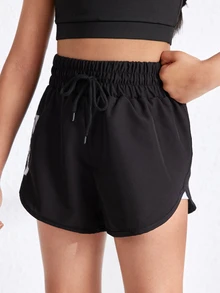 SHEIN Tween Girl Athletic Yoga Running Training Print Mark Black Shorts, Autumn Winter, Fall, Back To School, Cycling, Gym, Moisture Wicking, Breathable - Black - View 4