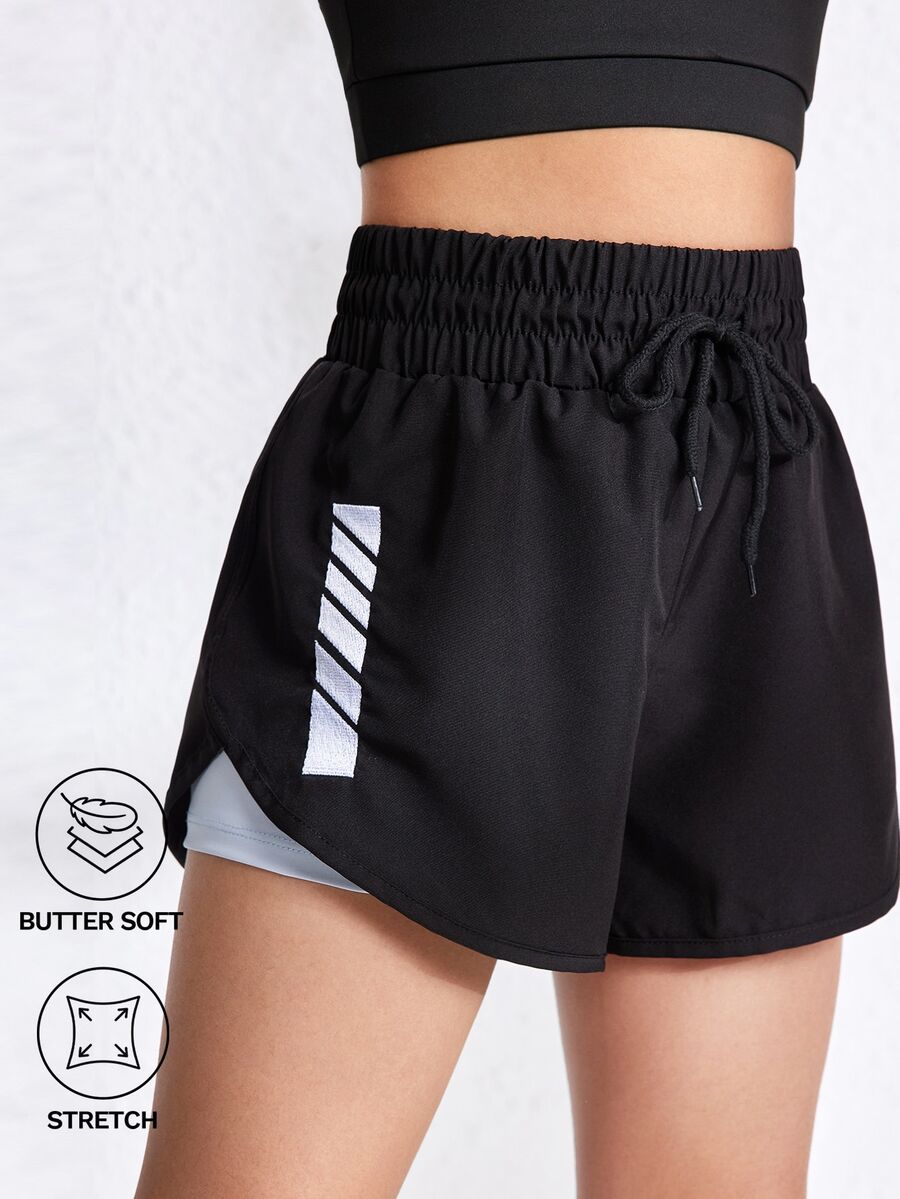 SHEIN Tween Girl Athletic Yoga Running Training Print Mark Black Shorts, Autumn Winter, Fall, Back To School, Cycling, Gym, Moisture Wicking, Breathable - Black - View 1