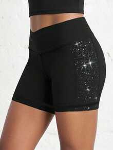 Tween Girls Black Sports Shorts, High Stretch Tight Shorts With Colorful Foil Fabric, Suitable For Jogging And Cycling Gym Summer Modest Athletic - Black - View 6