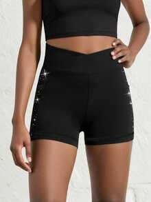 Tween Girls Black Sports Shorts, High Stretch Tight Shorts With Colorful Foil Fabric, Suitable For Jogging And Cycling Gym Summer Modest Athletic - Black - View 7