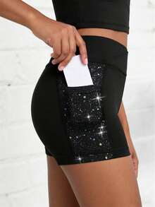 Tween Girls Black Sports Shorts, High Stretch Tight Shorts With Colorful Foil Fabric, Suitable For Jogging And Cycling Gym Summer Modest Athletic - Black - View 5