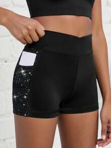 Tween Girls Black Sports Shorts, High Stretch Tight Shorts With Colorful Foil Fabric, Suitable For Jogging And Cycling Gym Summer Modest Athletic - Black - View 4
