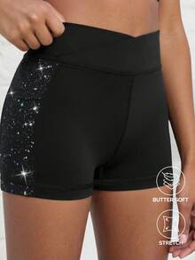 Tween Girls Black Sports Shorts, High Stretch Tight Shorts With Colorful Foil Fabric, Suitable For Jogging And Cycling Gym Summer Modest Athletic - Black - View 1