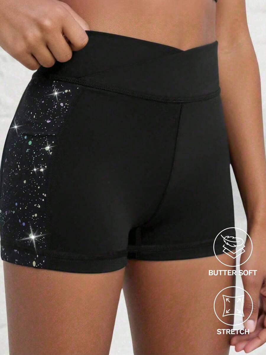 Tween Girls Black Sports Shorts, High Stretch Tight Shorts With Colorful Foil Fabric, Suitable For Jogging And Cycling Gym Summer Modest Athletic - Black - View 1