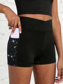 Tween Girls Black Sports Shorts, High Stretch Tight Shorts With Colorful Foil Fabric, Suitable For Jogging And Cycling Gym Summer Modest Athletic - Black - View 3