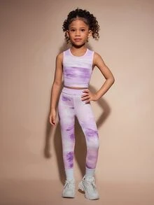 3件組女童秋冬7歲生日套裝，淺紫色運動夾克、印花背心與內搭褲，瑜伽休閒穿搭，秋季彩虹公主風 - 淡紫色 - 查看 7