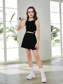Tween Girls 2 件套运动背心和网球裙套装，纯黑色，简约舒适，百搭春夏季，时尚运动工字背心和高腰修身裙设计，弹性面料 - 黑色 - 查看 4