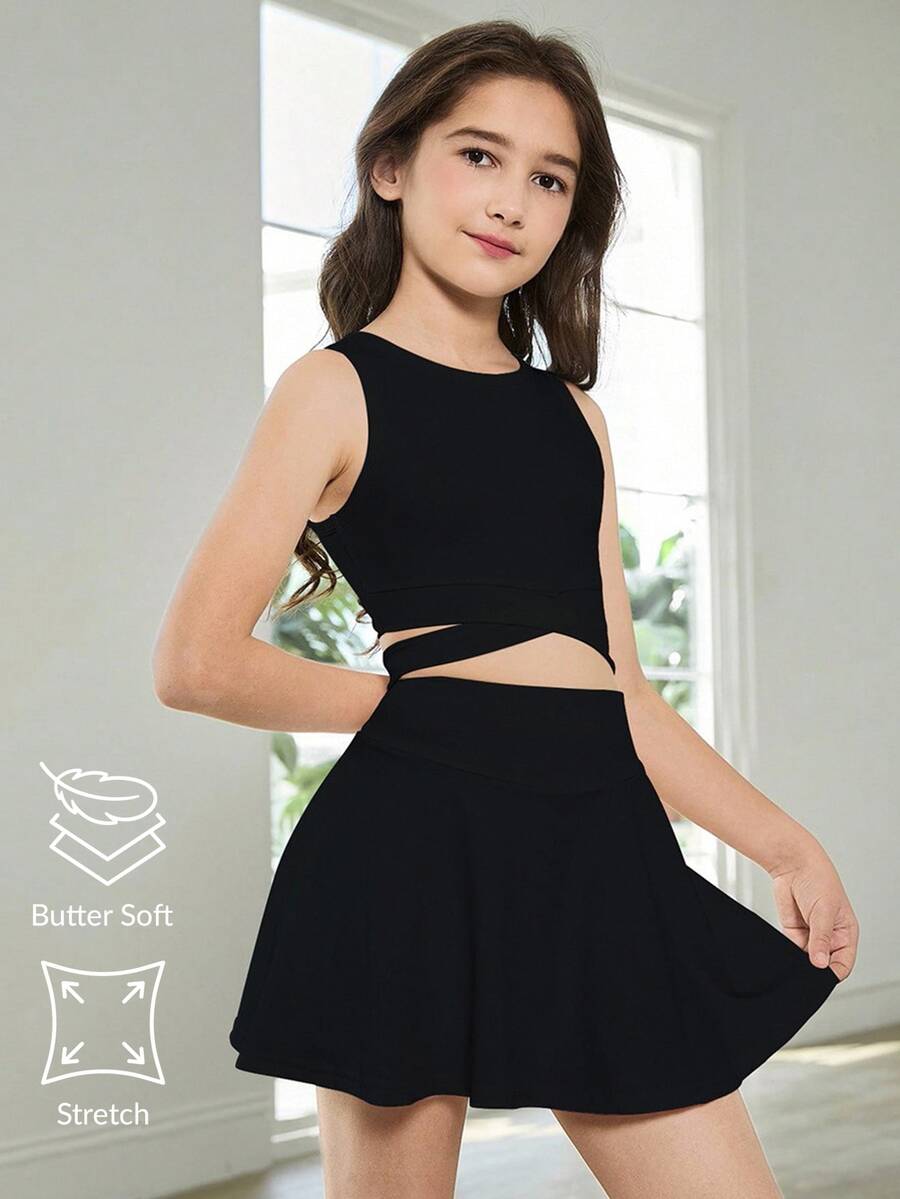 Tween Girls 2 件套运动背心和网球裙套装,纯黑色,简约舒适,百搭春夏季,时尚运动工字背心和高腰修身裙设计,弹性面料 - 黑色 - 查看 1