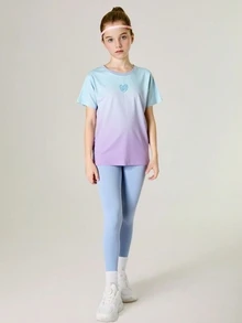 SHEIN 青少年女孩两件套 T 恤 + 紧身裤，瑜伽、跑步、健身弹性彩色校园街头时尚运动服 - 藍色 - 查看 6