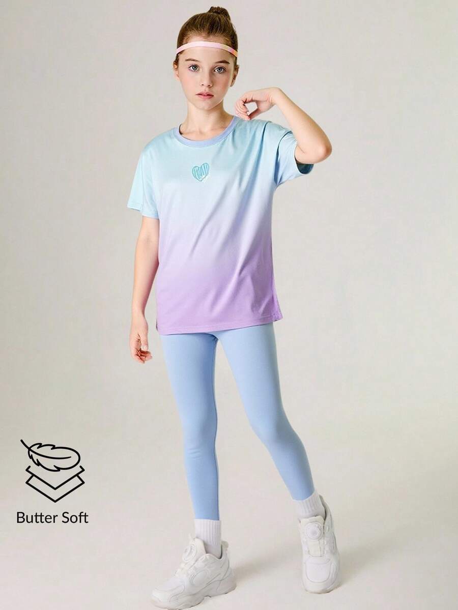 SHEIN 青少年女孩两件套 T 恤 + 紧身裤,瑜伽、跑步、健身弹性彩色校园街头时尚运动服 - 藍色 - 查看 1