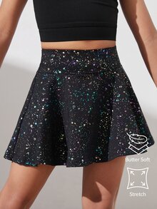SHEIN 年轻女孩柔软弹力星星印花裙，适合瑜伽、舞蹈和室内活动 - 黑色 - 查看 1