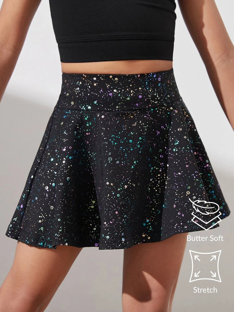 SHEIN 年轻女孩柔软弹力星星印花裙,适合瑜伽、舞蹈和室内活动 - 黑色 - 查看 1