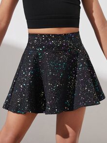SHEIN 年轻女孩柔软弹力星星印花裙，适合瑜伽、舞蹈和室内活动 - 黑色 - 查看 6