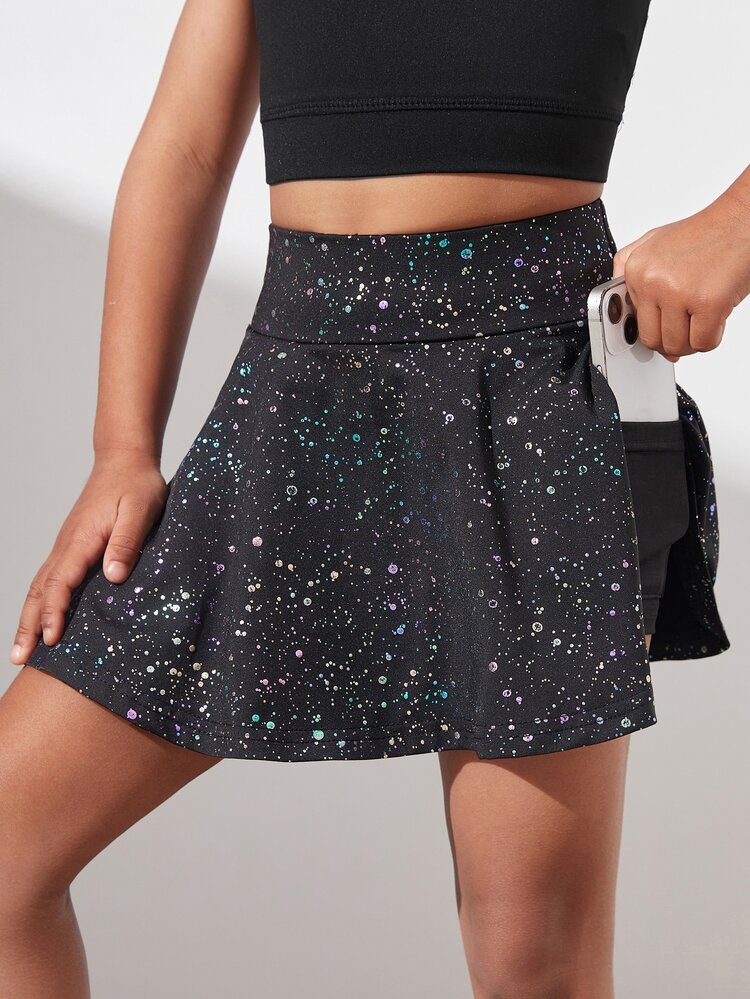 SHEIN Young Girl' Soft Elastic Star Print Skirt, Yoga, Dance And Indoor Activities, Autumn Winter, Fall, Back To School, Tennis, Running, Gym, Breathable - Black - View 5