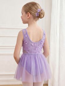 SHEIN 女童芭蕾舞紗裙，嬰兒紫蕾絲3D花朵，可愛公主風，聖誕、返校、7歲生日、秋季 - 紫色 - 查看 7