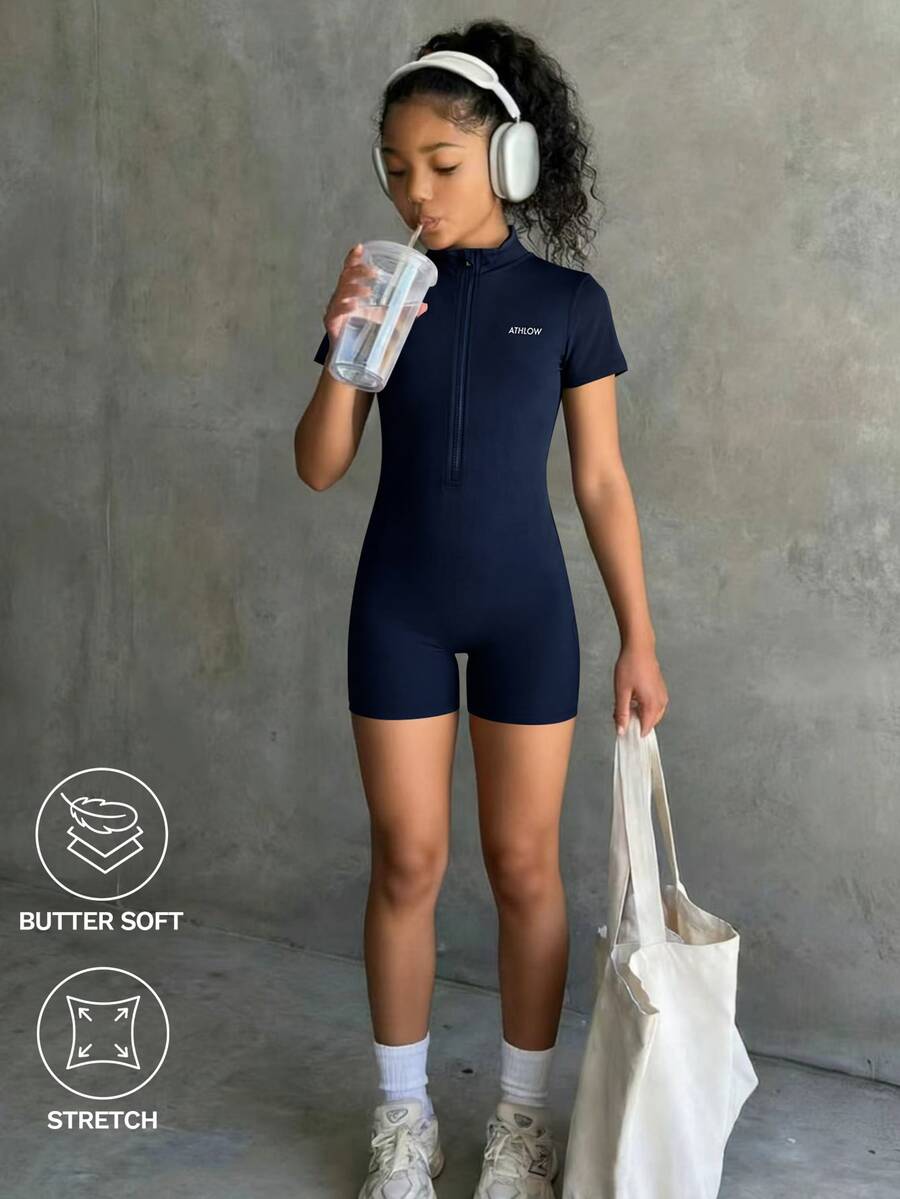 SHEIN Tween Girl Fitted Jumpsuit, Soft Elastic Fabric, Stretchy. Short Fashionable Cut Modest Minimalist Athletic, Summer Gym Active Navy Blue - Navy Blue - View 1