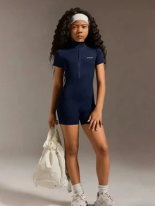 SHEIN Tween Girl Fitted Jumpsuit, Soft Elastic Fabric, Stretchy. Short Fashionable Cut Modest Minimalist Athletic, Summer Gym Active Navy Blue - Navy Blue - View 5