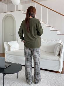 DAZY Letter Embroidery Loose Long Sleeve T-Shirt & Straight Leg Plaid Pants Casual Daily Home Wear Spring Autumn Maternity 2 Pieces Set - Green - View 4