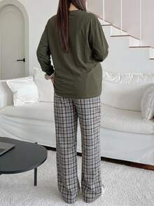 DAZY Letter Embroidery Loose Long Sleeve T-Shirt & Straight Leg Plaid Pants Casual Daily Home Wear Spring Autumn Maternity 2 Pieces Set - Green - View 2