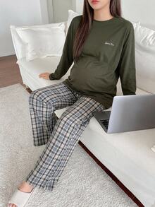 DAZY Letter Embroidery Loose Long Sleeve T-Shirt & Straight Leg Plaid Pants Casual Daily Home Wear Spring Autumn Maternity 2 Pieces Set - Green - View 1