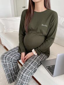 DAZY Letter Embroidery Loose Long Sleeve T-Shirt & Straight Leg Plaid Pants Casual Daily Home Wear Spring Autumn Maternity 2 Pieces Set - Green - View 3