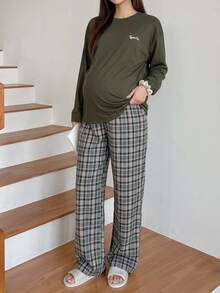 DAZY Letter Embroidery Loose Long Sleeve T-Shirt & Straight Leg Plaid Pants Casual Daily Home Wear Spring Autumn Maternity 2 Pieces Set - Green - View 5