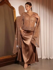 Cravure Plus Size Women Solid Color Sequin Extra Long Sleeve Top And Skirt Elegant 2 Pieces Set - Khaki - View 7