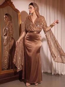Cravure Plus Size Women Solid Color Sequin Extra Long Sleeve Top And Skirt Elegant 2 Pieces Set - Khaki - View 10