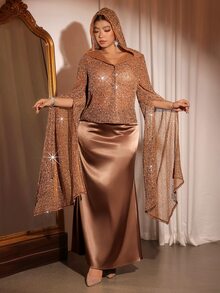 Cravure Plus Size Women Solid Color Sequin Extra Long Sleeve Top And Skirt Elegant 2 Pieces Set - Khaki - View 12