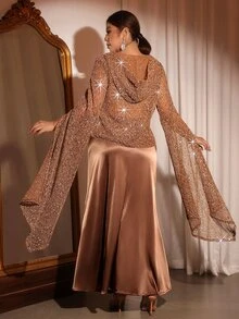 Cravure Plus Size Women Solid Color Sequin Extra Long Sleeve Top And Skirt Elegant 2 Pieces Set - Khaki - View 2