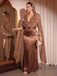 Cravure Plus Size Women Solid Color Sequin Extra Long Sleeve Top And Skirt Elegant 2 Pieces Set - Khaki - View 4