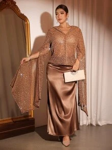 Cravure Plus Size Women Solid Color Sequin Extra Long Sleeve Top And Skirt Elegant 2 Pieces Set - Khaki - View 11