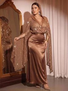 Cravure Plus Size Women Solid Color Sequin Extra Long Sleeve Top And Skirt Elegant 2 Pieces Set - Khaki - View 1