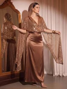Cravure Plus Size Women Solid Color Sequin Extra Long Sleeve Top And Skirt Elegant 2 Pieces Set - Khaki - View 8