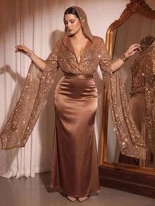 Cravure Plus Size Women Solid Color Sequin Extra Long Sleeve Top And Skirt Elegant 2 Pieces Set - Khaki - View 9