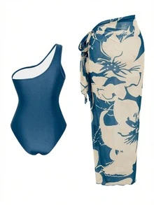Swim Oasis 蒂爾藍夏季優雅海灘派對度假女款連身泳衣，附花卉印花罩衫裙，單肩網紗泳裝套裝 - 藍色 - 查看 3