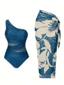 Swim Oasis 蒂爾藍夏季優雅海灘派對度假女款連身泳衣，附花卉印花罩衫裙，單肩網紗泳裝套裝 - 藍色 - 查看 7