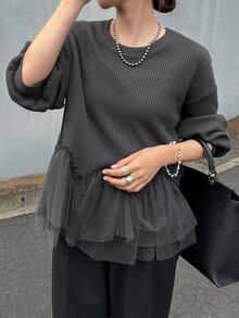 FRIFUL 女款秋季華夫格紋拼接層次網紗T恤 - 黑色 - 查看 8