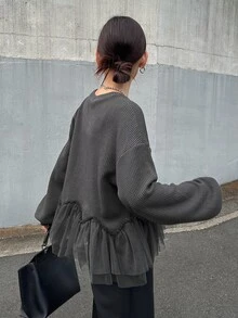FRIFUL 女款秋季華夫格紋拼接層次網紗T恤 - 黑色 - 查看 2