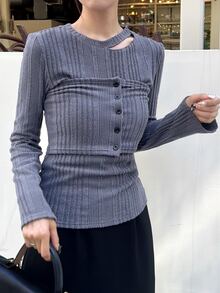 FRIFUL Women's Autumn Hollow-Out Ribbed Texture Fabric 2 Pieces Set - Grey - View 9