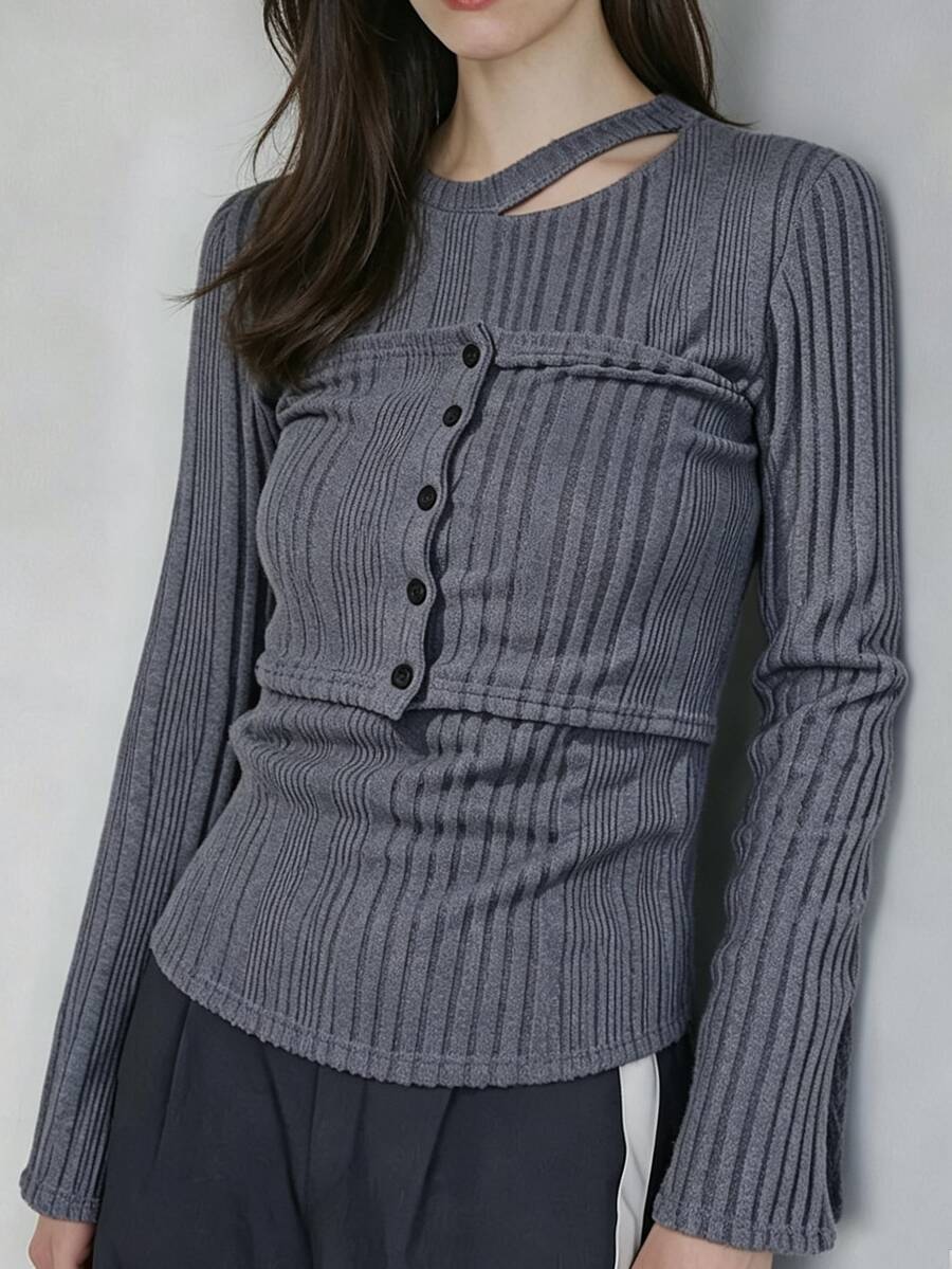 FRIFUL Women's Autumn Hollow-Out Ribbed Texture Fabric 2 Pieces Set - Grey - View 1