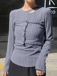 FRIFUL Women's Autumn Hollow-Out Ribbed Texture Fabric 2 Pieces Set - Grey - View 10