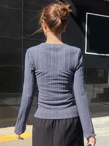 FRIFUL Women's Autumn Hollow-Out Ribbed Texture Fabric 2 Pieces Set - Grey - View 2
