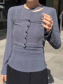FRIFUL Women's Autumn Hollow-Out Ribbed Texture Fabric 2 Pieces Set - Grey - View 3