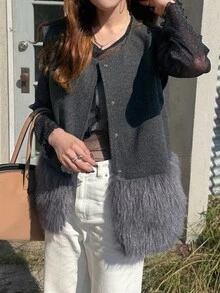 FRIFUL 女款秋季純色下擺拼接人造毛大衣 - 灰色 - 查看 4